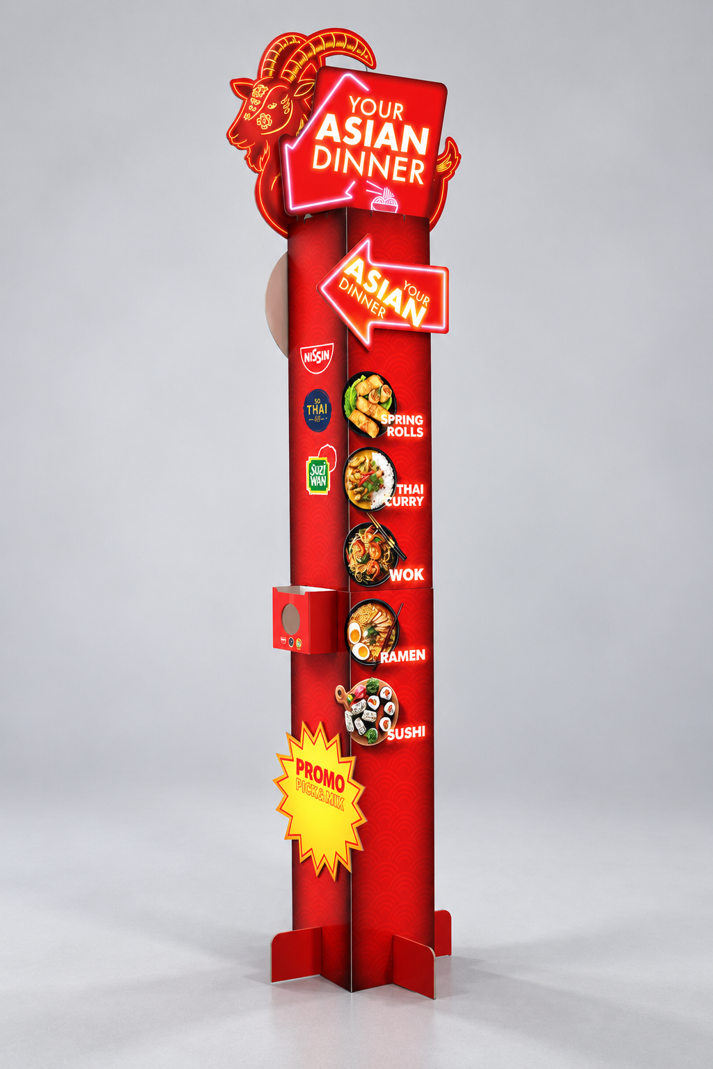 Rode Aziatische dinerdisplay met neonreclame Rode Aziatische dinerdisplay met neonreclame