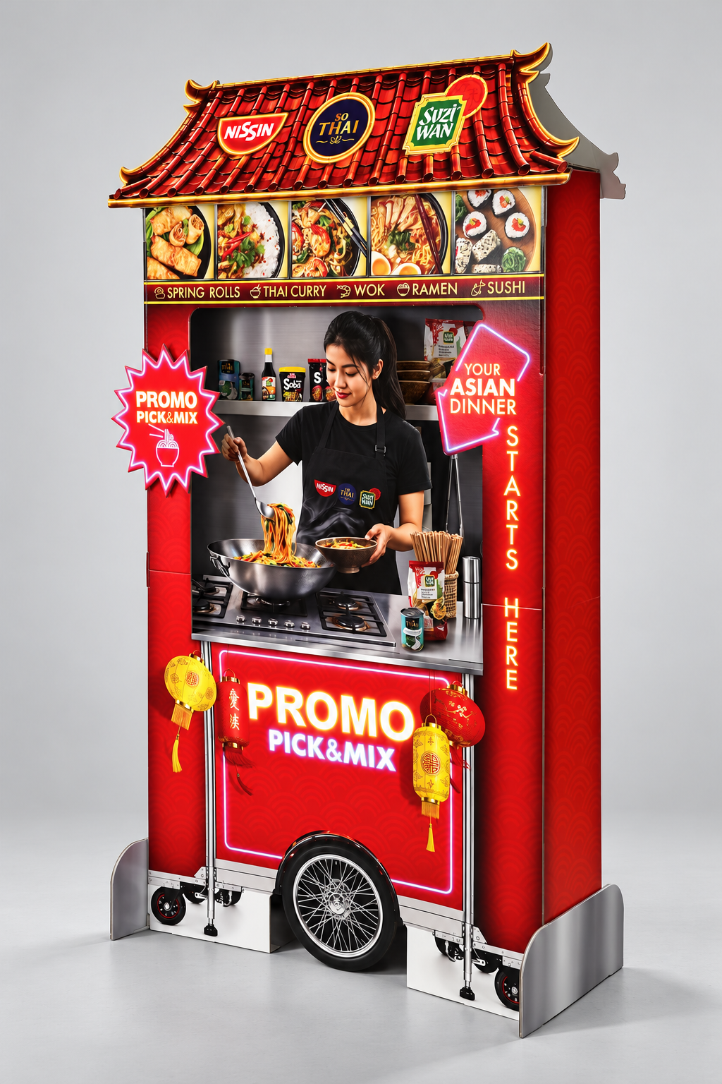 Rode Aziatische promotiekar met neonreclame Rode Aziatische promotiekar met neonreclame